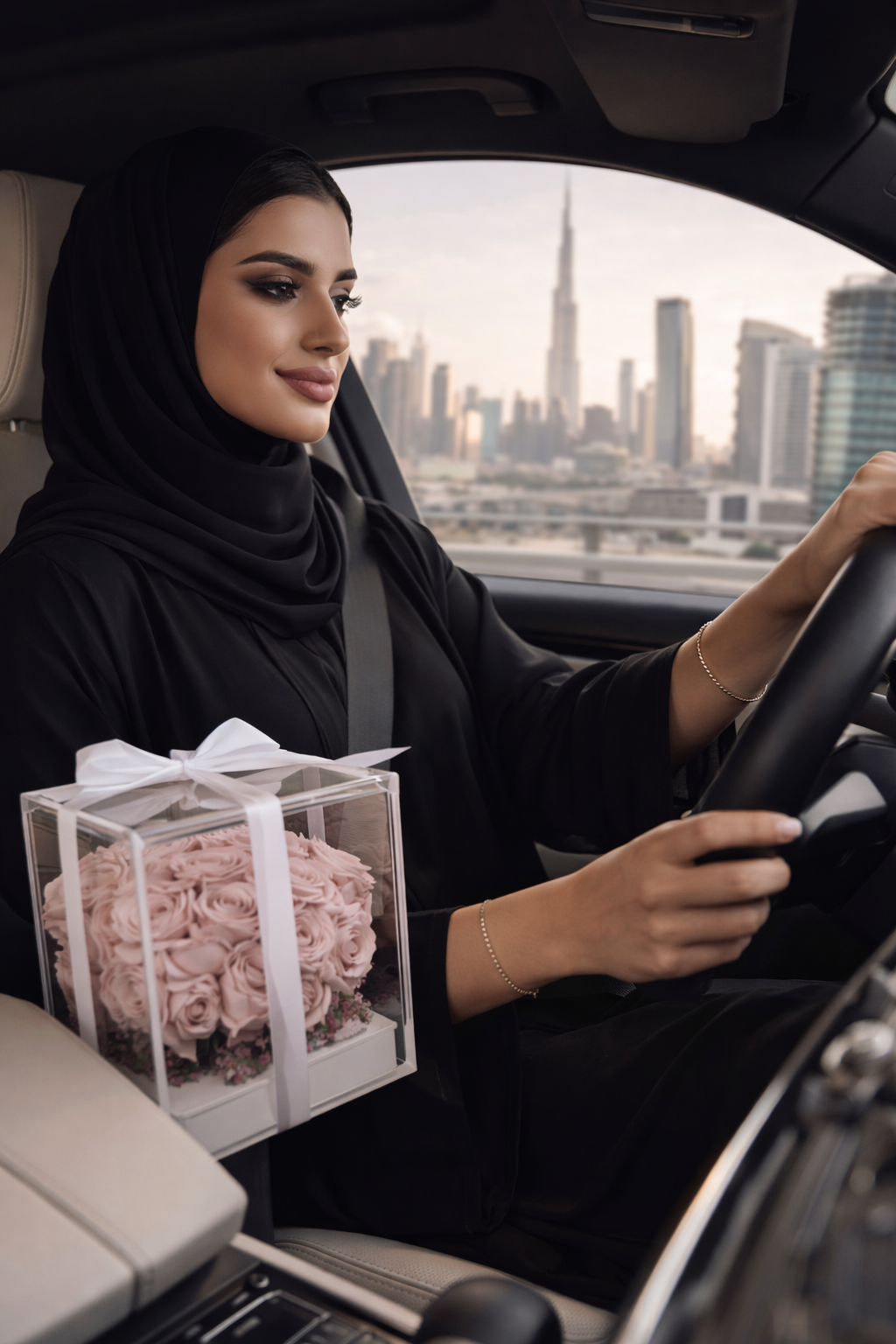 A beautiful woman wearing a hijab, representing luxury and vision